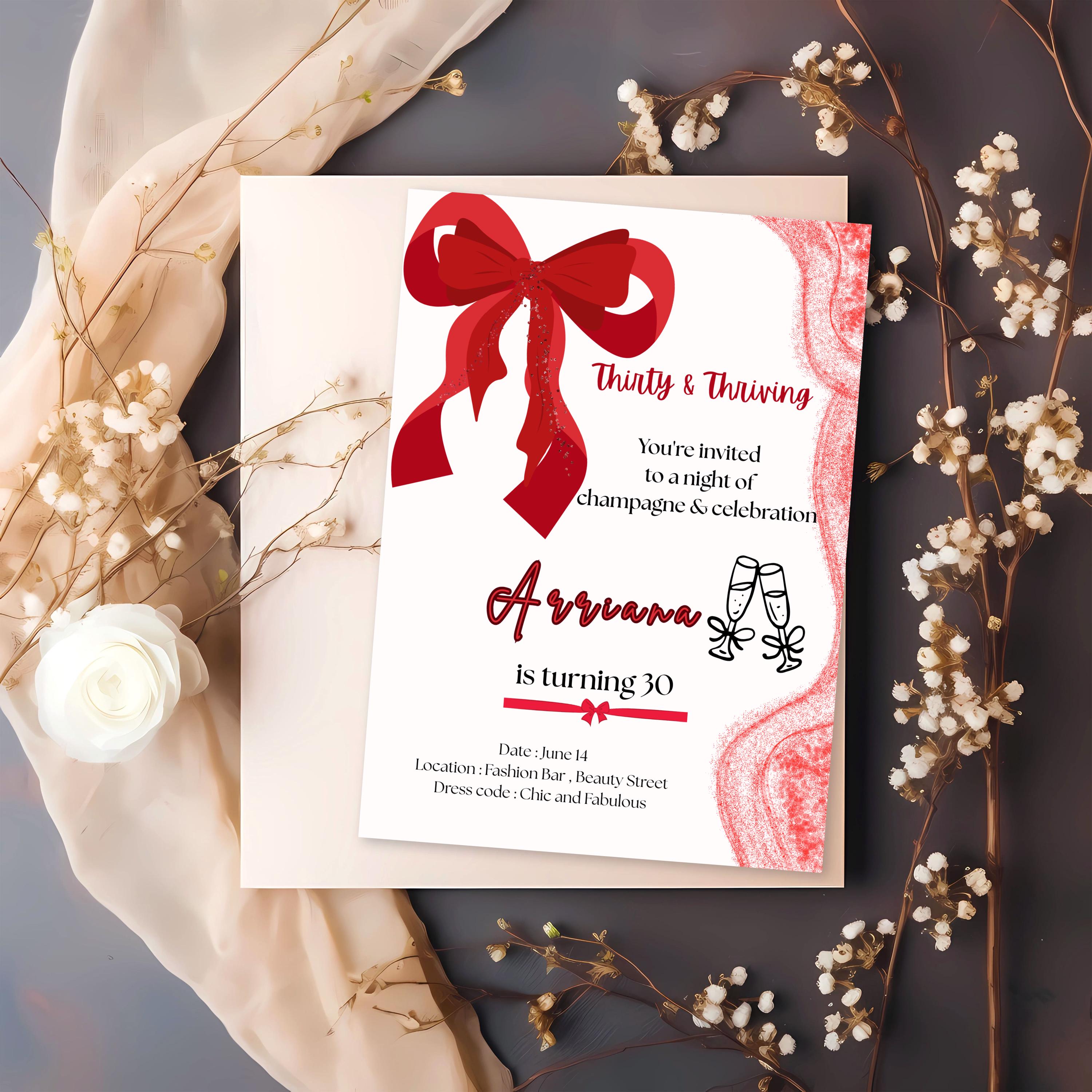 Invitación para 30 y prósperos: elegante invitación digital con lazo rojo / Plantilla editable de Canva para 30 cumpleaños
