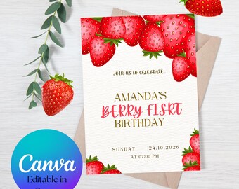 Invitación de primer cumpleaños con temática de bayas / Plantilla Canva editable con temática de fresa / Invitación para fiesta de primer cumpleaños / Enlace digital para el primer cumpleaños de niña