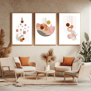 Set of 3 Boho Abstract Wall Art Prints | Soft Pink  Tone Mid Century Posters | Neutral Modern Digital Download PDF Decor/Abstract Shapes