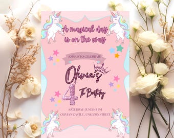 Invitación de cumpleaños de unicornio editable: imprimible, de 5×7 pulgadas, para niñas, con diseño de unicornio arcoíris, descarga digital instantánea.