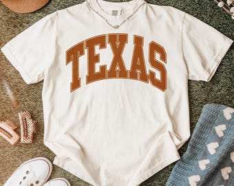 Maglietta Texas Comfort Colors®, maglietta da gioco, football del Texas, lettera universitaria, maglietta vintage del Texas, orgoglio dello stato del Texas, simpatico regalo del Texas