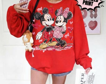 Retro Mickey Minnie Valentine Sweatshirt, Disney Valentines Oversized Print Sweater, Mickey Minnie Couple Hoodie, Disneyland WDW Lovers Gift