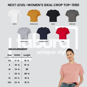 May include: A selection of Next Level crop tops in various colors, including white, black, and red. The image displays a size chart with measurements in inches. The tops are labeled with their respective colors.