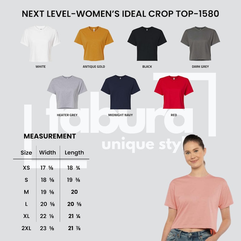 May include: A selection of Next Level crop tops in various colors, including white, black, and red. The image displays a size chart with measurements in inches. The tops are labeled with their respective colors.