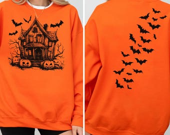 Bluza z nadrukiem "Nawiedzony Dom" w stylu vintage, Bluza z nadrukiem "Straszny Sezon" w stylu vintage, Prezent na Halloween, Bluza z kapturem "Halloween" w stylu vintage, Bluza z nadrukiem "Nietoperze"