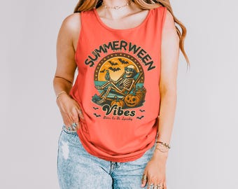 Summerween Skeleton Comfort Colors® Tank Top, Born to Be Spooky Tank, Spooky Summer Tee, Summer Halloween Top, Halloweener Gift, Beach Skell