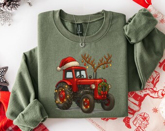 農場の新鮮なクリスマスツリーのトラクタースウェットシャツ、クリスマストラクターファミリースウェット、クリスマストラッククルーネック、赤いトラックパーカー、冬のギフト