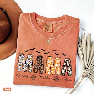 Custom Halloween Mama Comfort Colors® Shirt with Kids Name, Halloween Mimi Gigi Shirt, Spooky Mama Shirt, Personalized Mama Halloween Shirt