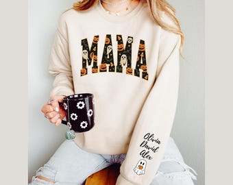 Custom Halloween Mama Sweatshirt with Kids Name on Sleeve, Cool Spooky Mama Halloween Sweatshirt, Mama Halloween Gift, Custom Mama Shirt