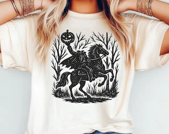 Chemise cavalier sans tête Comfort Colors®, chemise citrouille d'automne d'Halloween, t-shirt costume effrayant, chemise unisexe festive d'octobre, cadeau pour amateur d'horreur