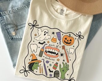 Halloween Dental Comfort Colors®-tröja, tandhygienist, tandsköterska, hösttandvård, läskig säsong, tandläkarmottagning, tandläkare