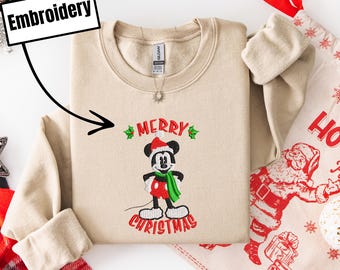 GEBORDUURD Mickey Mouse kersttrui, Disney vakantie geborduurde ronde hals, Disney familie kerstshirts, Disneyland Christmas