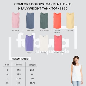 K&ouml;nnte beinhalten: Verschiedene Farben von Heavyweight-Tanktops, darunter Rosa, Blau, Gr&uuml;n und Orange. Das Bild enth&auml;lt eine Gr&ouml;&szlig;entabelle mit Ma&szlig;en in cm. Der Text lautet "COMFORT COLORS-GARMENT-DYED HEAVYWEIGHT TANK TOP-9360."