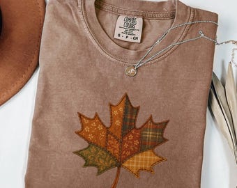 Camisa Retro Patchwork Otoño con Colores Cómodos®, Camisa con Hojas de Otoño, Camiseta con Hojas, Camisa de Otoño para Mujer, Regalo de Acción de Gracias para Ella, Camiseta Bonita de Otoño