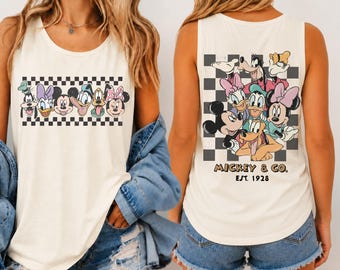 Mickey & Friends Comfort Colors® Tank Top, Checkered Retro Disney 2 Sides Print Tee, Disney Character Family Trip Shirt, Disneyworld Tee