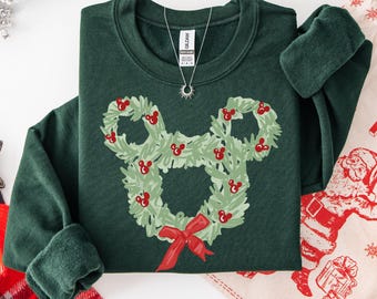 Retro Disney Christmas Sweatshirt, Coquette Bow Holiday Sweat, Mickey Head Xmas Hoodie, Disney Vacation Sweater, Disney Family Sweat