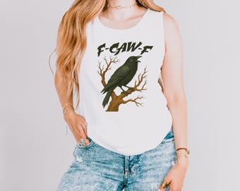 F-Caw-F Crow Comfort Colors® タンクトップ、面白いレイヴン愛好家へのギフト、秋スタイルタンクトップ、自然をイメージしたTシャツ、ブラッククロウ ムーンリット レイヴン ユニセックスタンクトップ