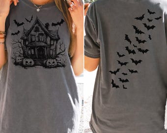 Koszulka Comfort Colors® Vintage Haunted House, Koszulka Vintage Spooky Season, Prezent na Halloween, Koszulka Vintage Halloween, Koszulka z nietoperzami