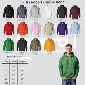 Puede incluir: Una selecci&oacute;n de sudaderas con capucha unisex en varios colores, incluyendo negro, gris, rojo, naranja y verde. La imagen tambi&eacute;n muestra una tabla de tallas con medidas en cm para ancho y largo.