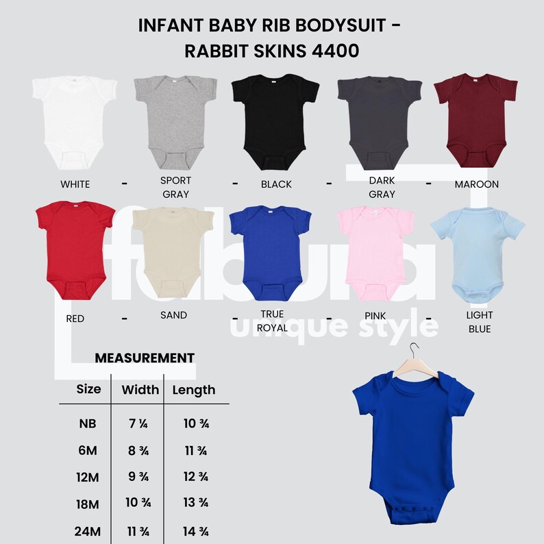 Pode incluir: Bodysuits de beb&eacute; canelados em v&aacute;rias cores, incluindo branco, cinza, preto e azul. A imagem apresenta uma tabela de tamanhos com medidas em polegadas. O texto diz "INFANT BABY RIB BODYSUIT - RABBIT SKINS 4400".