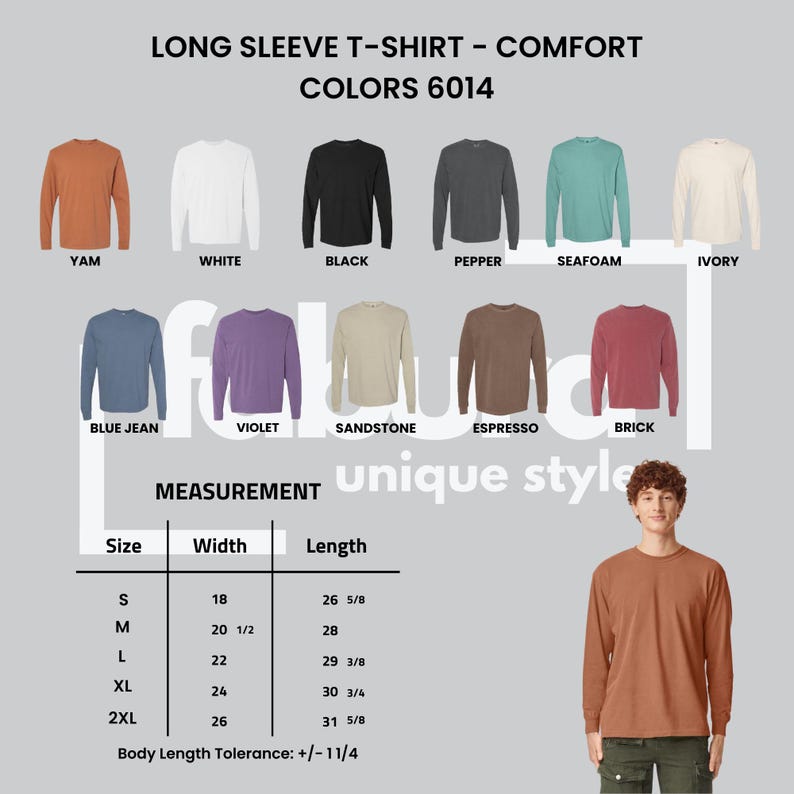 May include: A long sleeve t-shirt color chart displaying eleven options: yam, white, black, pepper, seafoam, ivory, blue jean, violet, sandstone, espresso, and brick. A size chart lists widths and lengths in inches for sizes S through 2XL.