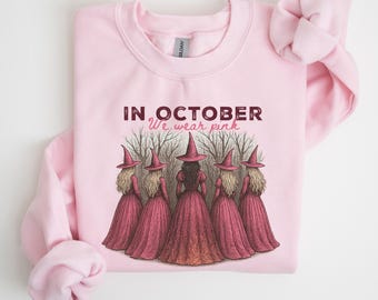 Sudadera "En octubre nos vestimos de rosa", sudadera de Halloween para concienciar sobre el cáncer de mama, sudadera de Halloween de otoño con brujas, sudadera con capucha del mes rosa de las brujas