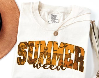 Summerween Comfort Colors® Shirt, Summer Skeleton, Spooky Summer Tee, Retro Summer, Girly Summer, Beach Vibes Tee, Halloween Skeleton Shirt
