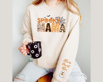 Custom Halloween Spooky Mama Sweatshirt with Kids Name on Sleeve, Cool Mama Halloween Sweatshirt, Mama Halloween Gift, Custom Mama Shirt