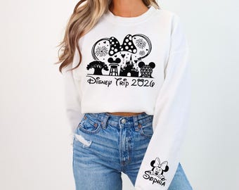 Sudadera con nombre personalizado para viaje a Disney 2026, sudadera a juego para vacaciones familiares, jersey de cuello redondo con el castillo de Mickey y Minnie, suéter para viaje a Disneyland World