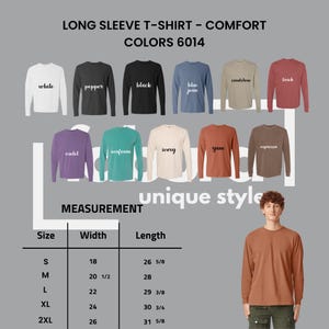 Puede incluir: Una exhibici&oacute;n de camisetas de manga larga en varios colores, incluyendo blanco, negro y azul vaquero. La imagen incluye una tabla de tallas con medidas en cm y el texto "LONG SLEEVE T-SHIRT - COMFORT COLORS 6014".