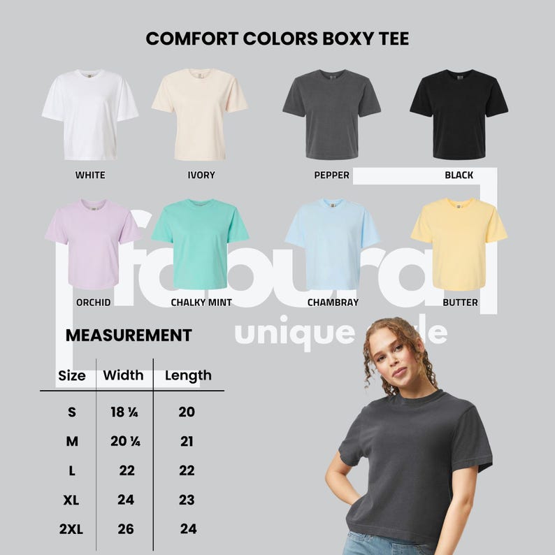 K&ouml;nnte beinhalten: Verschiedene Comfort Colors Boxy T-Shirts in Wei&szlig;, Elfenbein, Pfeffer, Schwarz, Orchidee, Kreideminze, Chambray und Butter. Gr&ouml;&szlig;en S bis 2XL mit Breiten von 46.36 cm bis 66.04 cm und L&auml;ngen von 50.8 cm bis 60.96 cm sind angegeben.