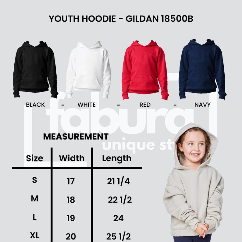 Puede incluir: Sudaderas con capucha juveniles en negro, blanco, rojo y azul marino. La imagen incluye una tabla de tallas con medidas en cm para ancho y largo. El texto de la imagen dice "YOUTH HOODIE - GILDAN 18500B".