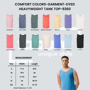 Puede incluir: Una carta de colores de camisetas sin mangas Comfort Colors 9360 te&ntilde;idas en prenda, que muestra trece modelos en tonos blossom, blue jean, blue spruce, bright salmon, butter, violet, white, watermelon, pepper, seafoam, ivory, flo blue y black.
