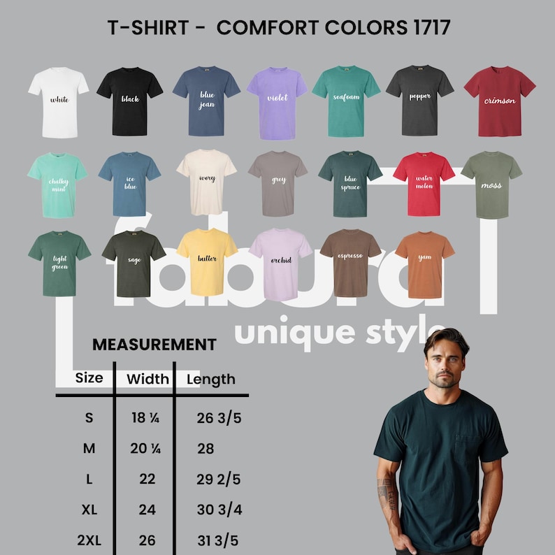 Puede incluir: Una exhibici&oacute;n de camisetas Comfort Colors 1717 en varios colores, incluyendo blanco, negro y azul vaquero. La imagen tambi&eacute;n muestra una tabla de tallas con medidas en cm, y un hombre vistiendo una camiseta verde oscuro.