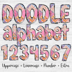 Patchwork Doodle Letters Alphabet PNG, Hand Drawn Clip Art Bundle, Sublimation Font, Quilt Rustic Alpha Set Designs, Digital Download Files