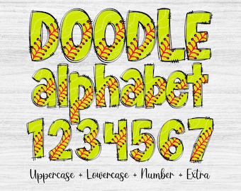 Softball Sublimation PNG Alphabet, Doodle Letters Clipart A-Z, Hand Drawn Font, Numbers & Symbols, Digital Download