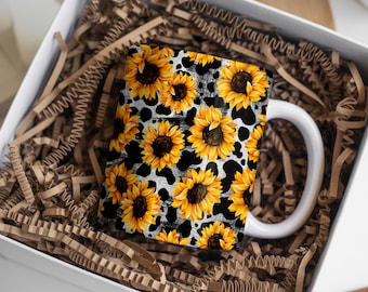 Koe print zonnebloem mok sjabloon sublimatieontwerp, 11 oz-15 oz mokomslag sjabloonontwerpen, mok persomslag png-bestand, digitale download
