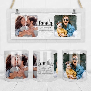 May include: Two white ceramic mugs with a black and white image of a family. The mugs feature a definition of the word "family" and the text "One of life's greatest blessings".