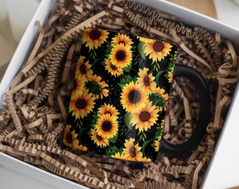 Sunflower Mug Template Sublimation Design, 11 oz - 15 oz Mug Wrap Template Designs, Black Background Mug Press Wrap PNG, Digital Download