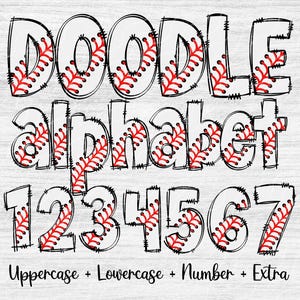 Baseball Doodle Letters Alphabet PNG, Hand Drawn Clip Art Bundle, Sublimation Font, Sport Numbers Alpha Set Designs, Digital Download Files