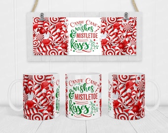 Candy Cane Mug Sublimation Design, 11 oz - 15 oz Christmas Mug Sublimate Designs, Cricut Coffee Mug Press Wrap PNG File, Digital Download