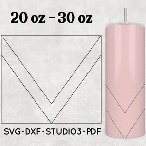 May include: A pink 20-30 oz tumbler with a black chevron design and a silver straw. The image also includes a black and white geometric design with the text "SVG.DXF.STUDIO3.PDF".