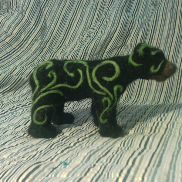 Spirit bear - needle felt black bear with green swirl pattern - spring spirit