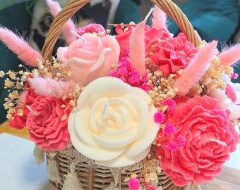 Blumenkorb mit natürlichen Duftkerzen. Ideales Geschenk für Hochzeit, Muttertag, Großmuttertag, Geburtstage und andere Anlässe.