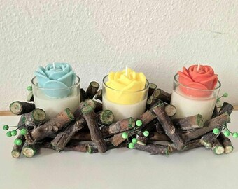 Natürliche Rosenkerzen - Dufttrio mit handgefertigtem Holzhalter - Handgemachte Dekoration & originelles Geschenk, Wohndekor