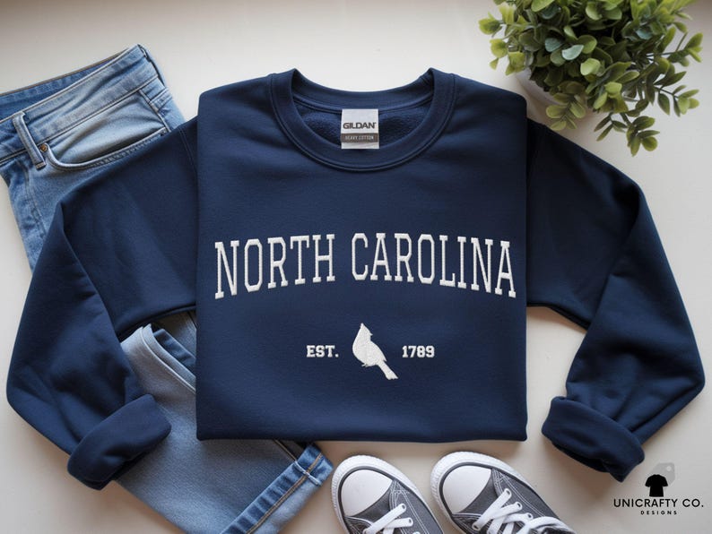 Embroidered North Carolina Sweatshirt - State Pride Apparel, Crewneck Long Sleeve Travel Souvenir image 3