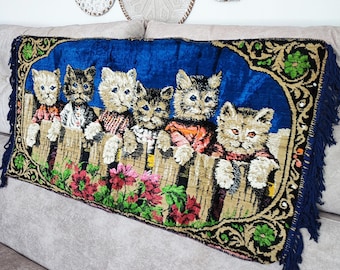 Vintage 60s Cat Tapestry Rug: Navy Blue Mid-Century Decor