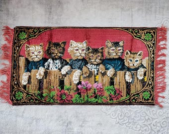 1960年代の猫のタペストリーラグ - 希少なヴィンテージミニカーペット 