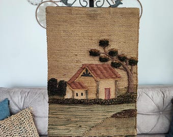 Vintage Boho Wall Hanging – Handmade Woven Yarn Art | One-of-a-Kind Rustic House Tapestry | 82 cm with Decorative Metal Hanger
