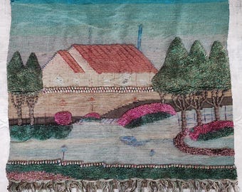 Vintage Handwoven 3D Textured Tapestry Rug | 1970s Village Scene Textile Art | Rustic Tapestry | Natural Yarn & Plant-Based Dyes